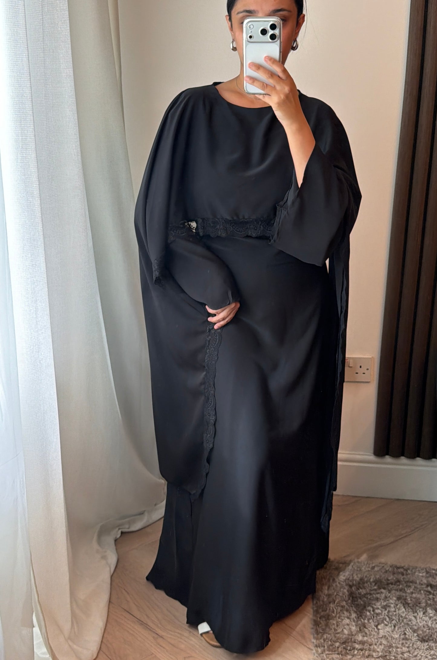 Lace Trim Cape Dress in Black
