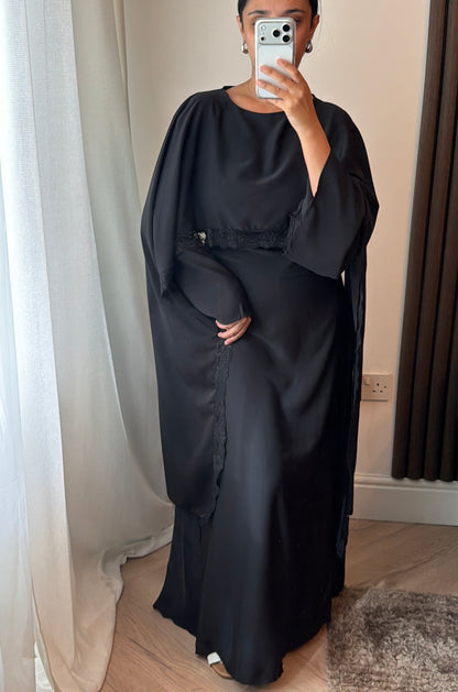 Lace Trim Cape Dress in Black