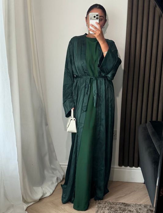 Aziza Open Abaya Set In Emerald