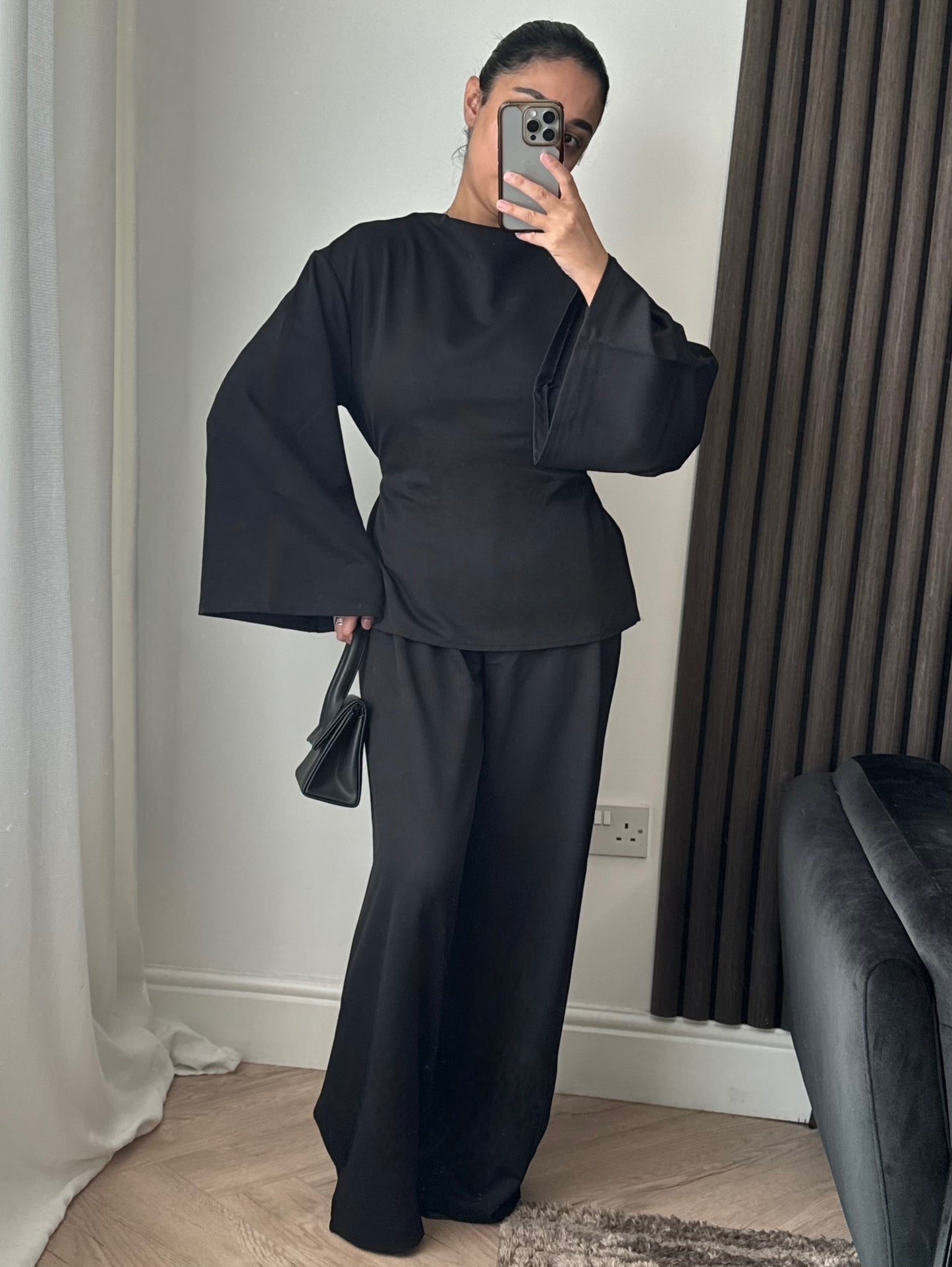Esra Boat Neck Tie Back Top And Trouser Set In Black