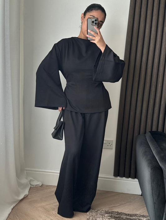Esra Boat Neck Tie Back Top And Trouser Set In Black