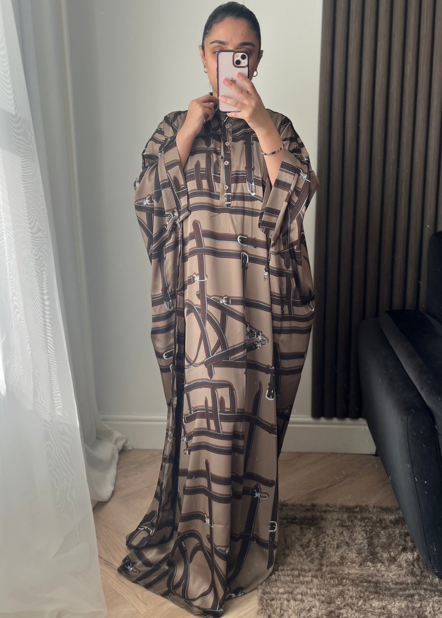 Collared Button Down Dress With Belt Design In Mocha