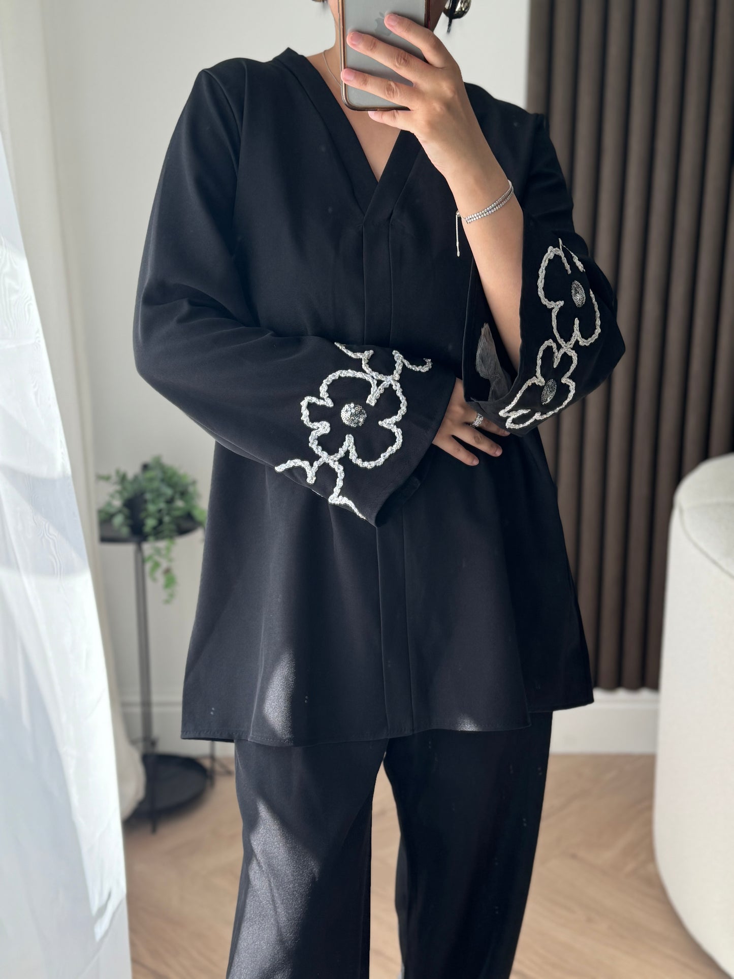 Maha Two Piece Set With Flower Sleeve Detail In Black