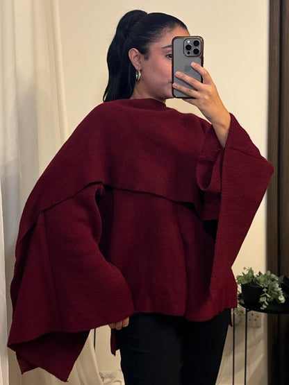 Knitted Cape With Scarf In Red