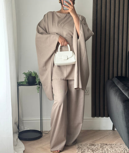 Lila Cape Top And Trouser Set In Taupe