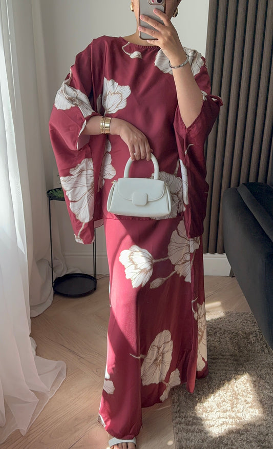 Aiza Floral Top and Skirt Set In Red