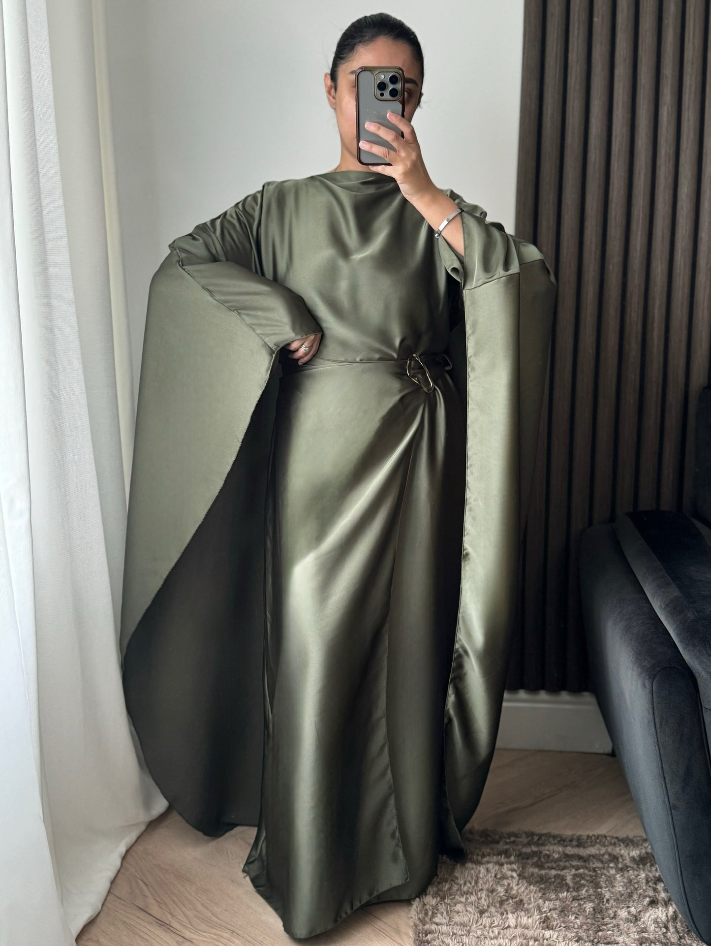 Rana Cape Gold Belt Detail Dress In Green