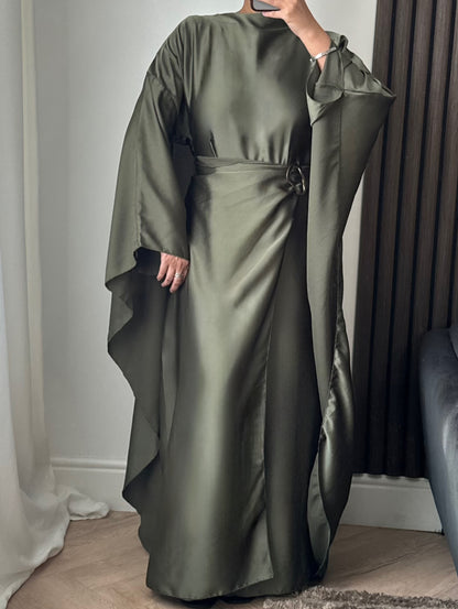 Rana Cape Gold Belt Detail Dress In Green